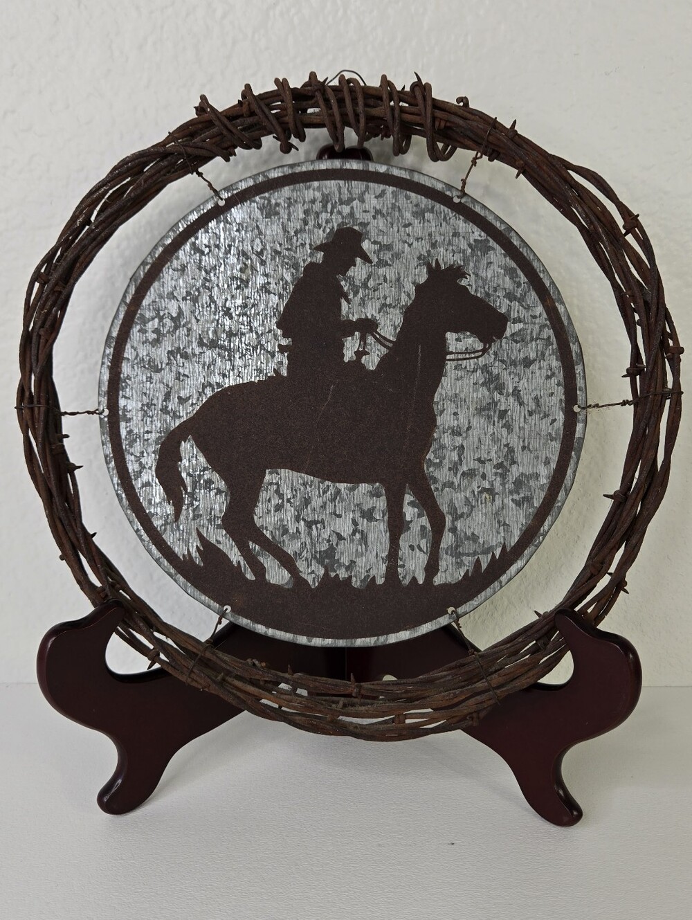 Rustic Western Cowboy Horse Silhouette Metal Art Decor Barbed Wire Rustigraph Vt